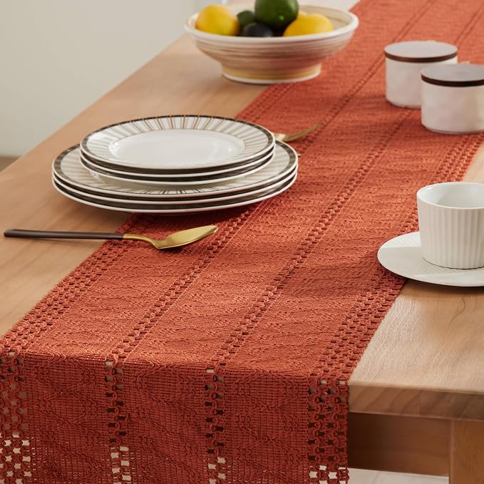 Macrame Style Boho Table Runner, 12x60 Inch Rust | Woven Boho Table Runner - Image 5