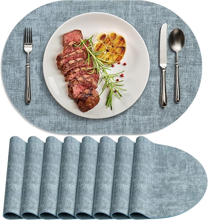 Placemats for Dining Table Set of 8 Non-Slip, Heat Resistant Oval Leather by Delicateandelegantplacemats