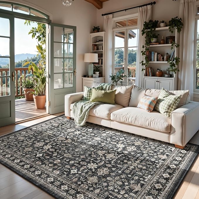 Dark Grey Living Room Rug 5x7, Washable Dark Vintage Moody Low Pile Non Slip - Image 3