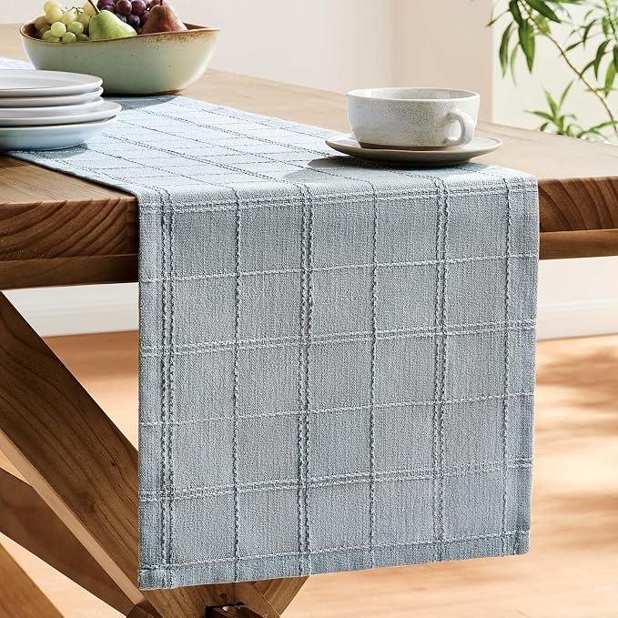 Linen Checked Farmhouse Table Runner, 13x60 Inches Chambray | Raised Grid Design - Image 4