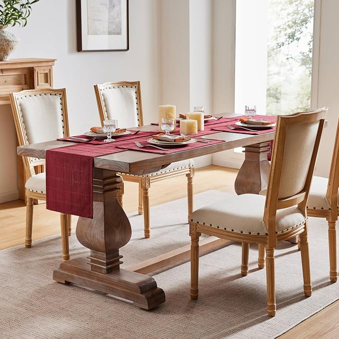 Linen Checked Farmhouse Table Runner, 13x90 Inches Burgundy | Raised Grid Design - Image 3