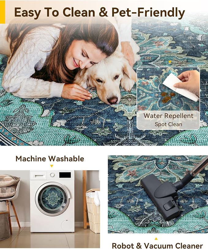 RELEANY Area Rugs Round 5ft Washable Non-Slip, Floral Vintage Distress - Image 4