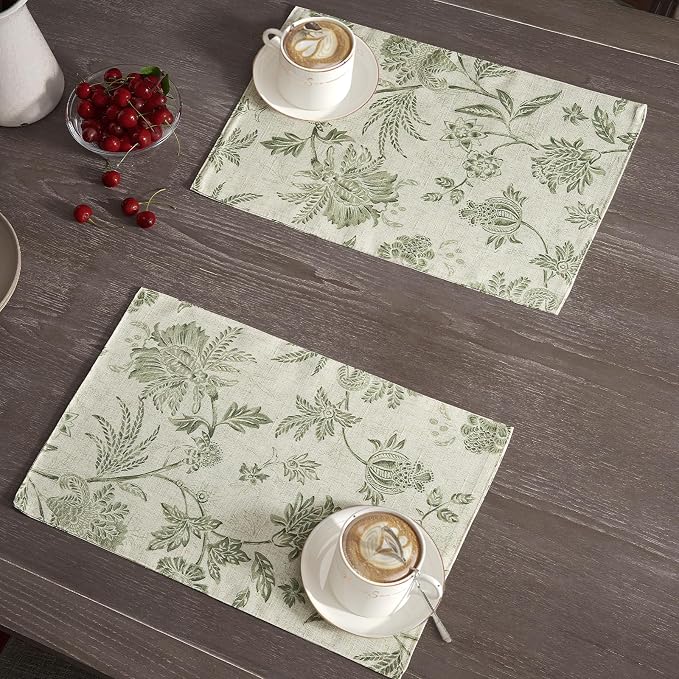 JINCHAN Sliva Linen Floral Placemats Set of 4 Farmhouse 13x19 Sage Green | - Image 2