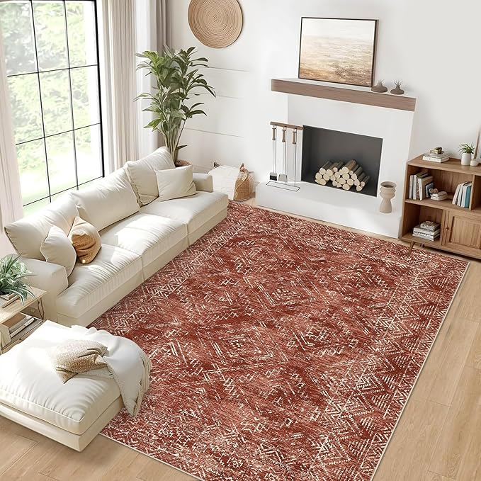 COZYLOOM 6x9 Washable Rug Modern Indoor Area Rug for Living Room or Bedroom Softness Foldable Mat for Easy Storage Abstract Geometric Design Non Slip Rug Low Pile Stain Resistant Carpet, Brick Red