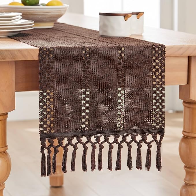 Macrame Style Boho Table Runner, 12x48 Inch Chocolate | Woven Boho Table Runner - Image 7