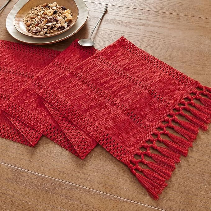 Macrame Style Boho Table Runner, 12x48 Inch Red | Woven Boho Table Runner - Image 7