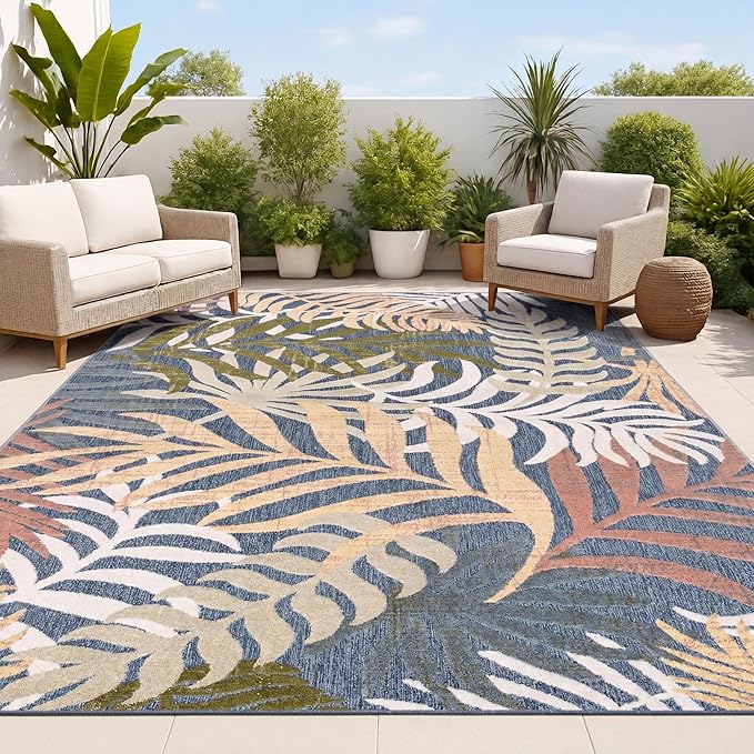 JONATHAN Y Tropics Palm Leaves Indoor Outdoor Area Rug 4X6 Dark Blue/Multi by JONATHANY