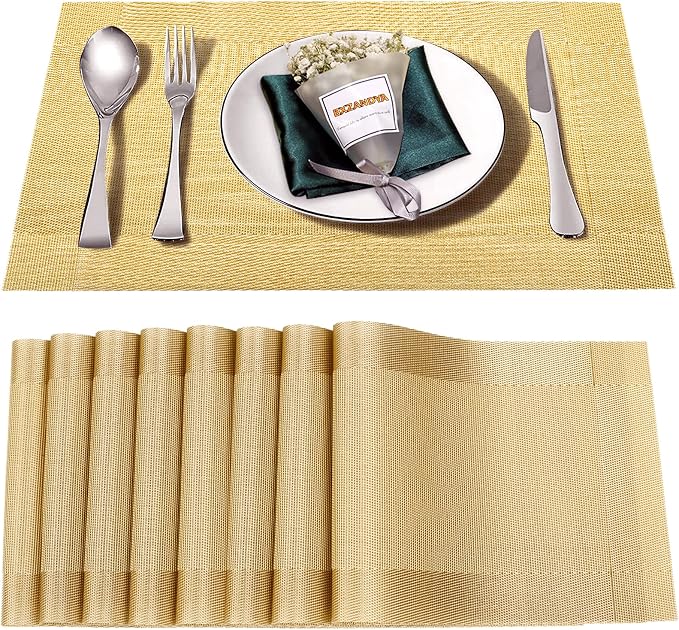 Placemats Set of 8, Vinyl Woven Gold Non Slip Table Mats | Heat Resistant by BxzanDya-LifeSmartMaker