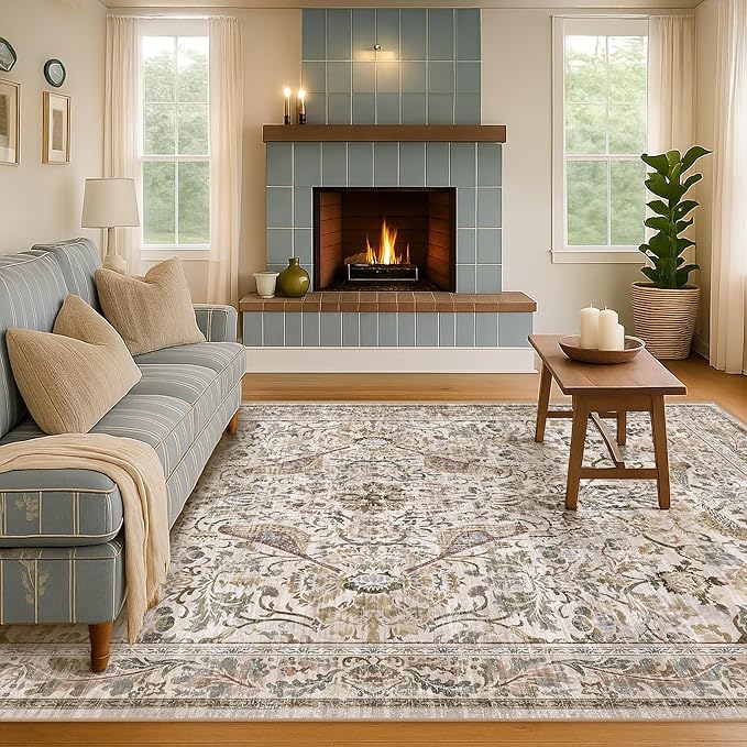 Washable 6x8 Floral Area Rug for Living Room, Boho Farmhouse Dining Room Rug - Image 3