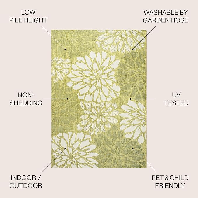 JONATHAN Y Floral Textured Weave Indoor Outdoor Square Area Rug 5X5 Green/Cream - Image 2