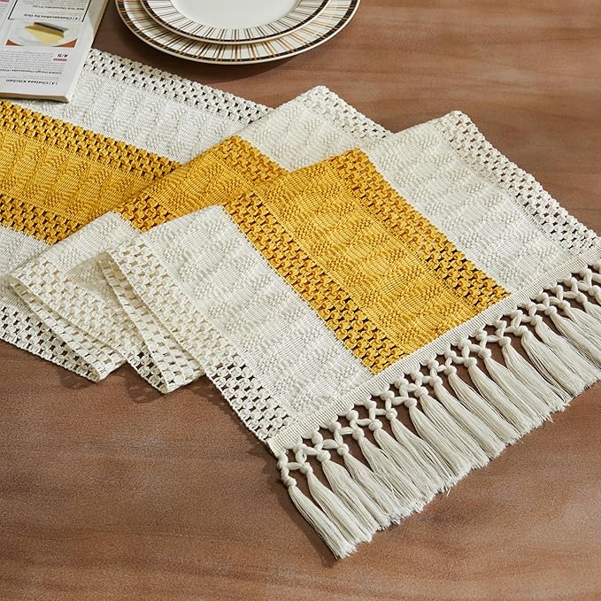 Macrame Style Bicolor Stitching Table Runner 14x108in Mustard | Woven Boho by ZEEMARTONLINE