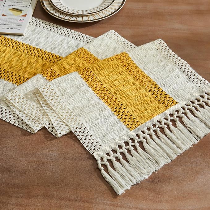 Macrame Style Bicolor Stitching Table Runner 14x90in Mustard | Woven Boho Table by ZEEMARTONLINE