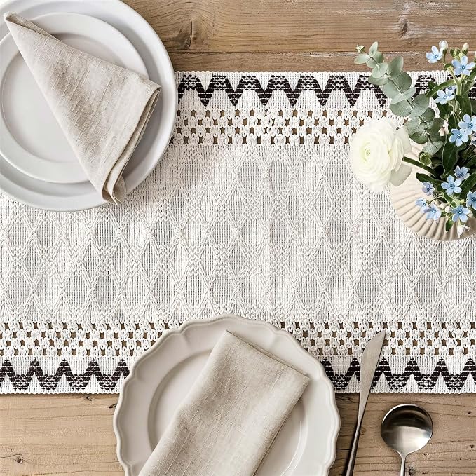 Macrame Side Trim Boho Woven Table Runner, Chocolate 12x90 Inch | Crochet - Image 3