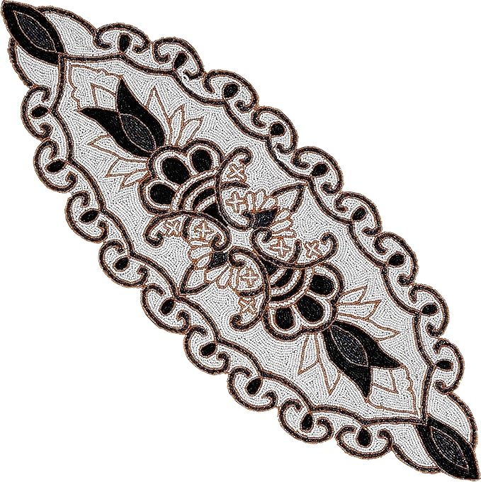 Floral Beaded Table Runner, 36x13 in, polyester backing, floral pattern by CLEENTABLE
