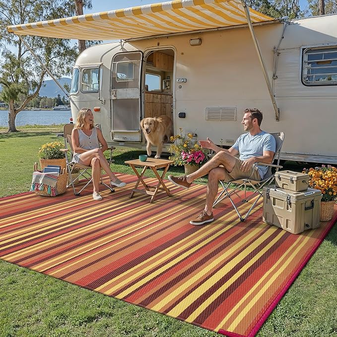 Outdoor Plastic Straw Rug Waterproof Patio 10x14 Red Orange Stripe Mat - Image 3