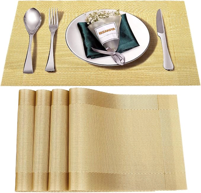 Placemats Set of 4, Vinyl Woven Gold Non Slip Table Mats | Heat Resistant by BxzanDya-LifeSmartMaker