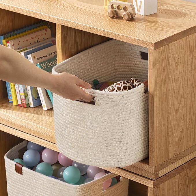 UBBCARE 2 Pack Baskets for Organizing, Woven Storage Baskets with Label for Toys and Towel, Rectangle Cotton Rope Basket with Handles, 15''L x10''W x9''H, Off-White