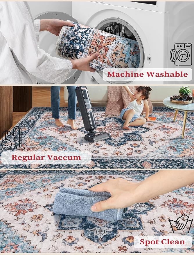 SERISSA Runner Rug for Hallways, Extra Long Boho Rug Ultra Soft Vintage Blue - Image 3