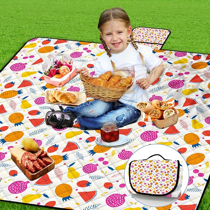 Poedist Extra Large Picnic Blanket Waterproof,80"x 80"Foldable Machine Washable Beach Blanket,Outdoor Blanket for 6-8 Adults,Suitable for Indoor Crawling,Park Beach,Camping,Hiking,Family Travel(Fruit