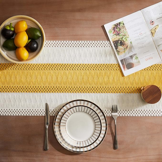 Macrame Style Bicolor Stitching Table Runner 14x60in Mustard | Woven Boho Table - Image 4