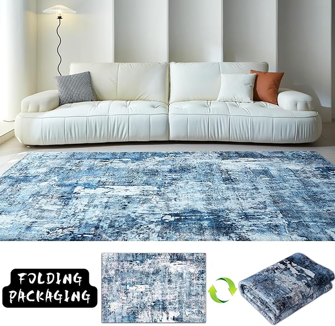Rugcomf 3x5 Area Rug Blue Soft Abstract Boho Vintage Pattern Non-Slip - Image 5