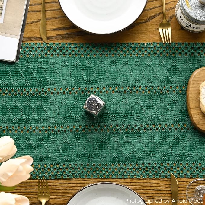 Artoid Mode Dark Green Woven Farmhouse Hollow Table Runner 12x90 Inch | Holiday - Image 4