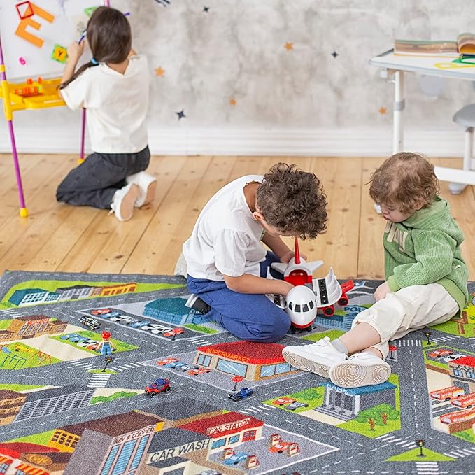 KC Cubs 5x7 City Streets Car Road Rug – Educational Non-Slip Play Mat for Kids, Toddlers, Nursery, Classroom, Playroom, Baby Daycare, Boy Girl Carpet
