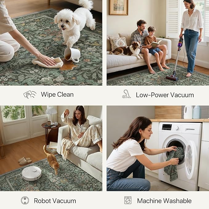 GENIMO 9x12 Washable Area Rug, Non-Slip Vintage Boho Floral Carpet, Large Area - Image 5