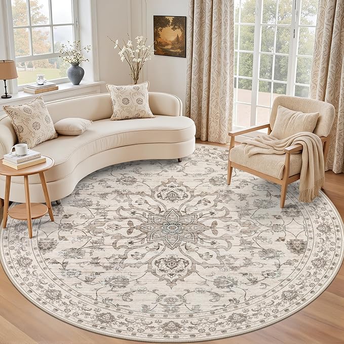 Round Area Rug for Living Room: 4 ft Washable Vintage Boho Soft Thin Circle Rug by EXPEDIX
