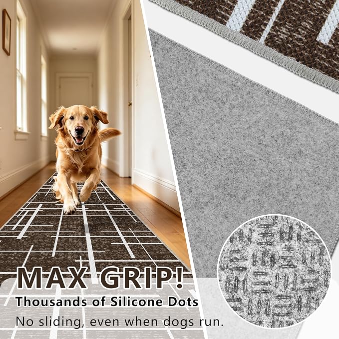 Non Slip Hallway Runner Rug 2.6x12, Modern Distressed Stripe, Washable Extra - Image 5