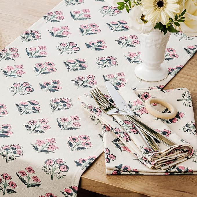 Block Print Floral Decorative Table Runners, 13x60 Inch Pink | 100% Organic - Image 2