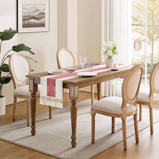 Macrame Style Bicolor Stitching Table Runner 14x108in Dusty Rose | Woven Boho - Image 3