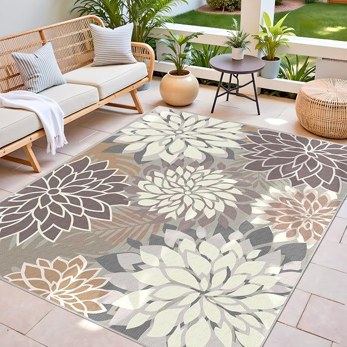 6x9 Outdoor Area Rug Washable Multicolored Patio Rug Tropical Botanical Floral - Image 3