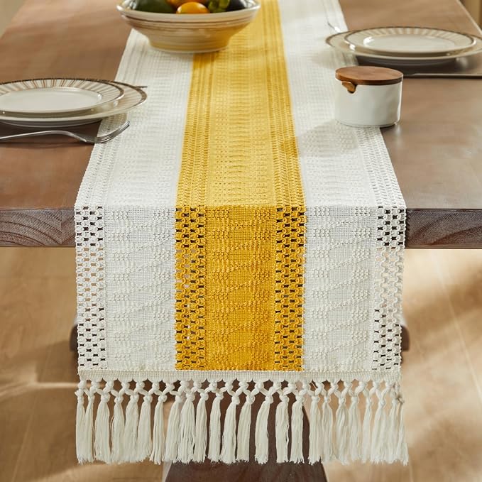 Macrame Style Bicolor Stitching Table Runner 14x108in Mustard | Woven Boho - Image 3