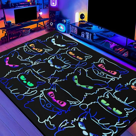 Black Play Cat Rug for Playroom for Boys Girls 59"x39" Funny Cute Cat Cartoon Decor for Bedroom Living Room Non-Slip Comfy Floor Casual Mat Carpet Washable