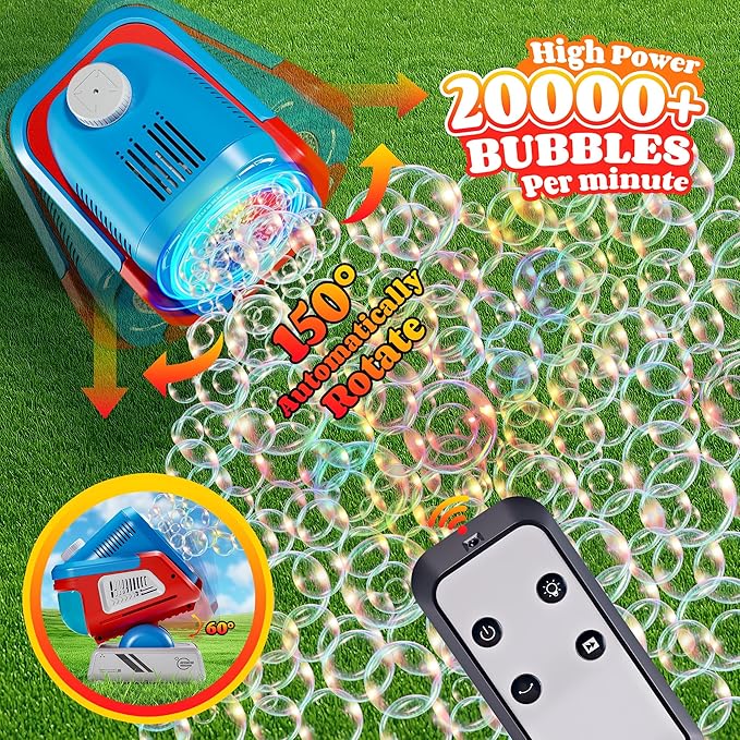 2025 Upgraded Bubble Machine with Remote Control, Automatic Rotation & RGB Lights, 1800mAh Rechargeable Battery, Type-C Charge, Bubble Maker for Kids, Weddings, Birthday Parties, Outdoor Activities