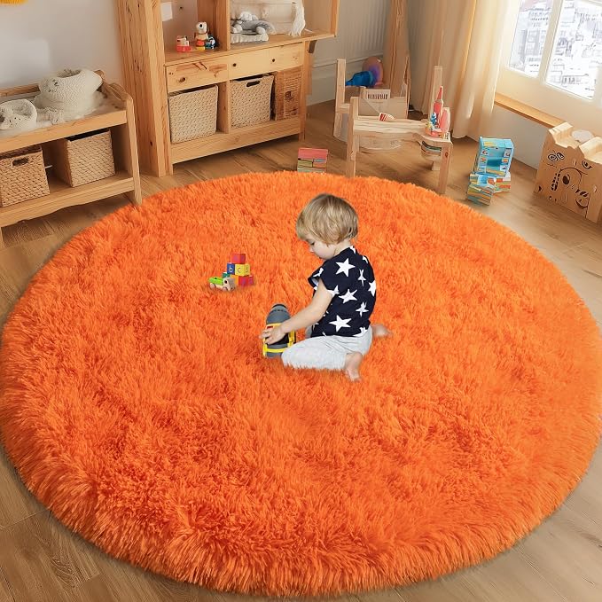 Round Orange Rug for Bedroom, 6 ft Circle Area Rugs for Living Room, Soft by WISHTREE