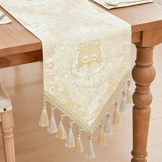 Loom and Mill Elegant Damask Table Runner 13x72 inch, Champagne Gold | Double - Image 3
