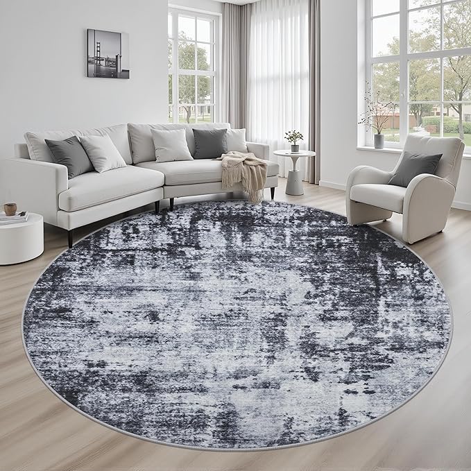 Round Area Rug for Living Room: 6 ft Washable Modern Abstract Soft Thin Rug by FXRHLP