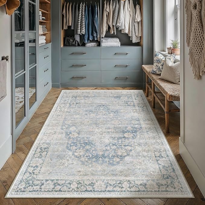 3x5 Washable Neutral Area Rug Blue Vintage Entryway Bathroom Carpet Non-Slip - Image 3