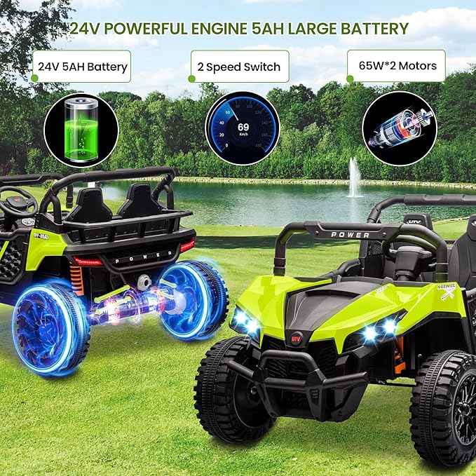 24V 2 Seater Ride On Car Truck, Power Wheels Kids UTV w/Parent Remote Control, 3.1 MPH Max Speed, Music Player, LED Lights & Storage, Electric Vehicle Ride On Toy for Kids Toddler Ages 3-8, Green
