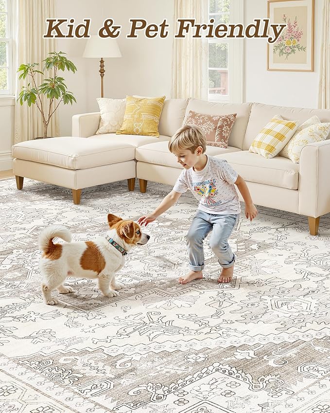 5x7 Vintage Area Rug: Washable Neutral Soft Non Slip Thin Large Floor Carpet - Image 6