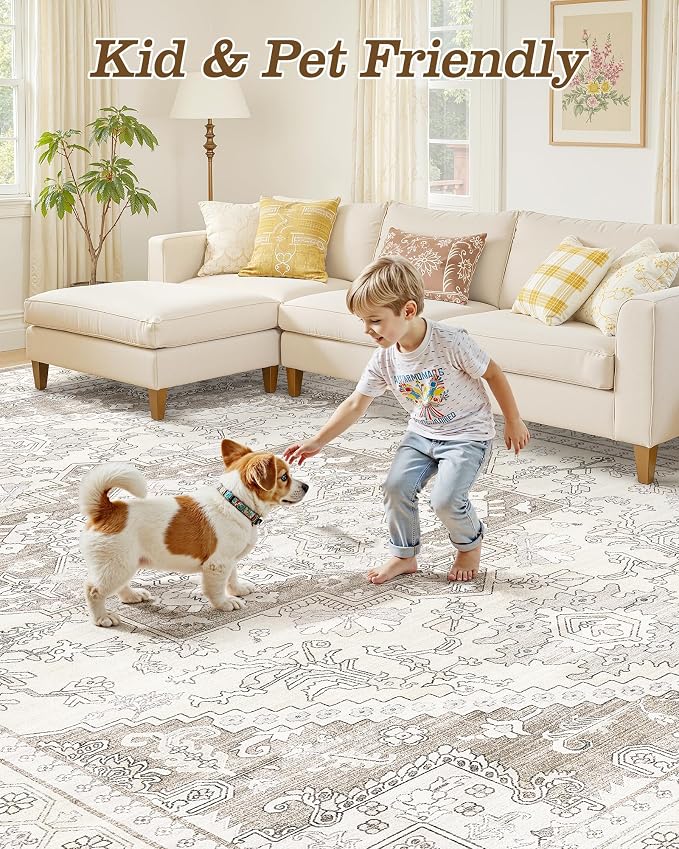 8x10 Vintage Area Rug: Washable Neutral Soft Non Slip Thin Large Floor Carpet - Image 6