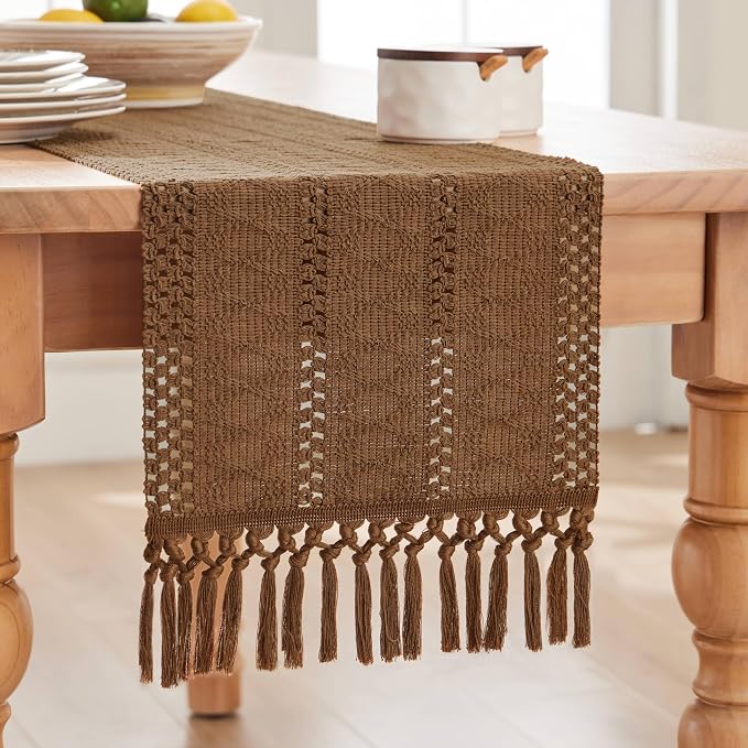 Macrame Style Boho Table Runner, 12x108 Inch Caramel | Woven Boho Table Runner - Image 7