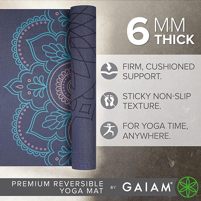 Gaiam Yoga Mat - Premium 6mm Print Reversible Extra Thick Non Slip Exercise & Fitness Mat for All Types of Yoga, Pilates & Floor Workouts (68" x 24" x 6mm Thick)