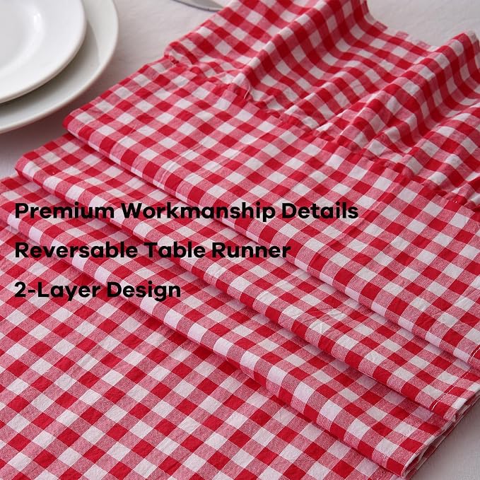 Red White Plaid Gingham Ruffle Table Runner 108 inches Long 100% Washed Cotton - Image 5