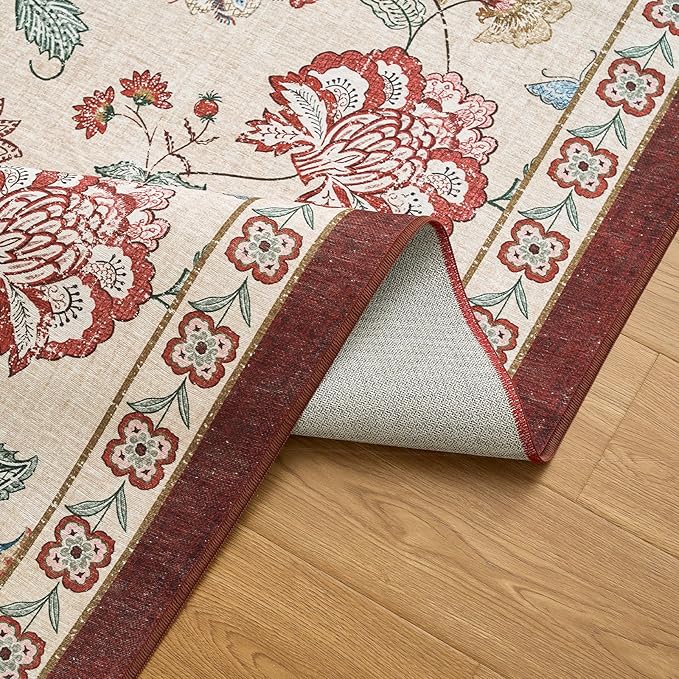 jinchan Floral Corner Rug for Kitchen Washable Nursery Rug Vintage Romance Design Non Slip Quarter Circle Lightweight Low-Pile Throw Carpet for Playroom Reading Nook Office, 5ft Radius, Red/Beige
