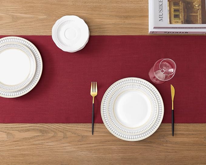 Linen Textured Border Table Runner, 14 x 90 Inch Red | Mitered Corner Design - Image 4