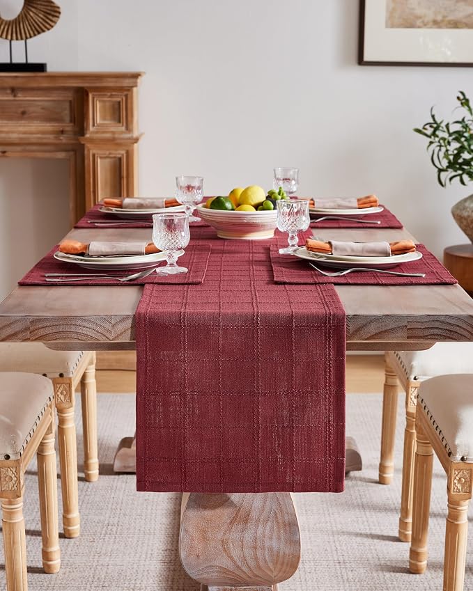 Linen Checked Farmhouse Table Runner, 13x72 Inches Burgundy | Raised Grid Design - Image 2