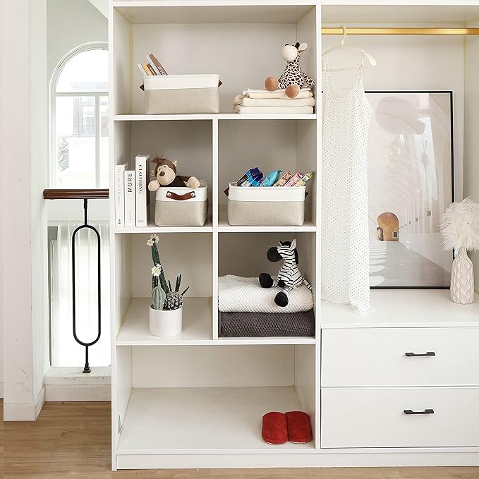 OrganiHaus Small Fabric Storage Baskets for Shelves 6 Pack, 12x8in Closet Storage Bins for Shelves, Cloth Storage Bins, Linen Closet Organizers, Fabric Basket, Shelf Baskets for Organizing Beige/White